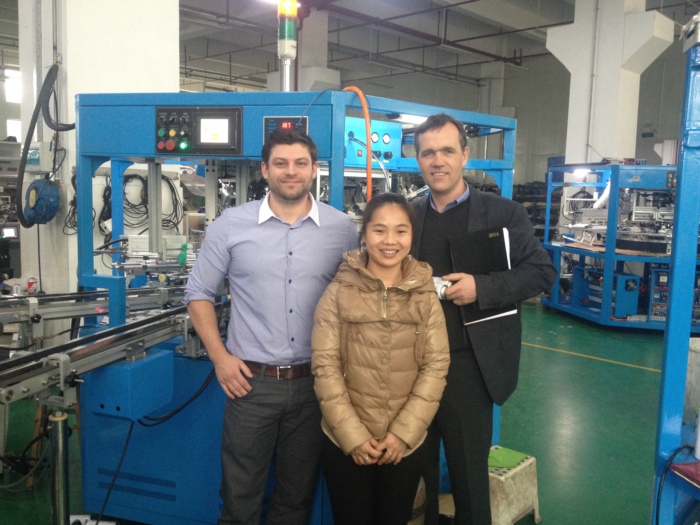 U.K. Customer Visited and Inspected On Their 3 Colors LED Automatic Silk Screen Printing Machine on aerosol can model S-106