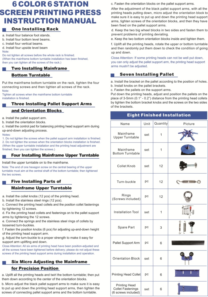 6 Color 6 Station Screen Printing Press  Instruction Manual 